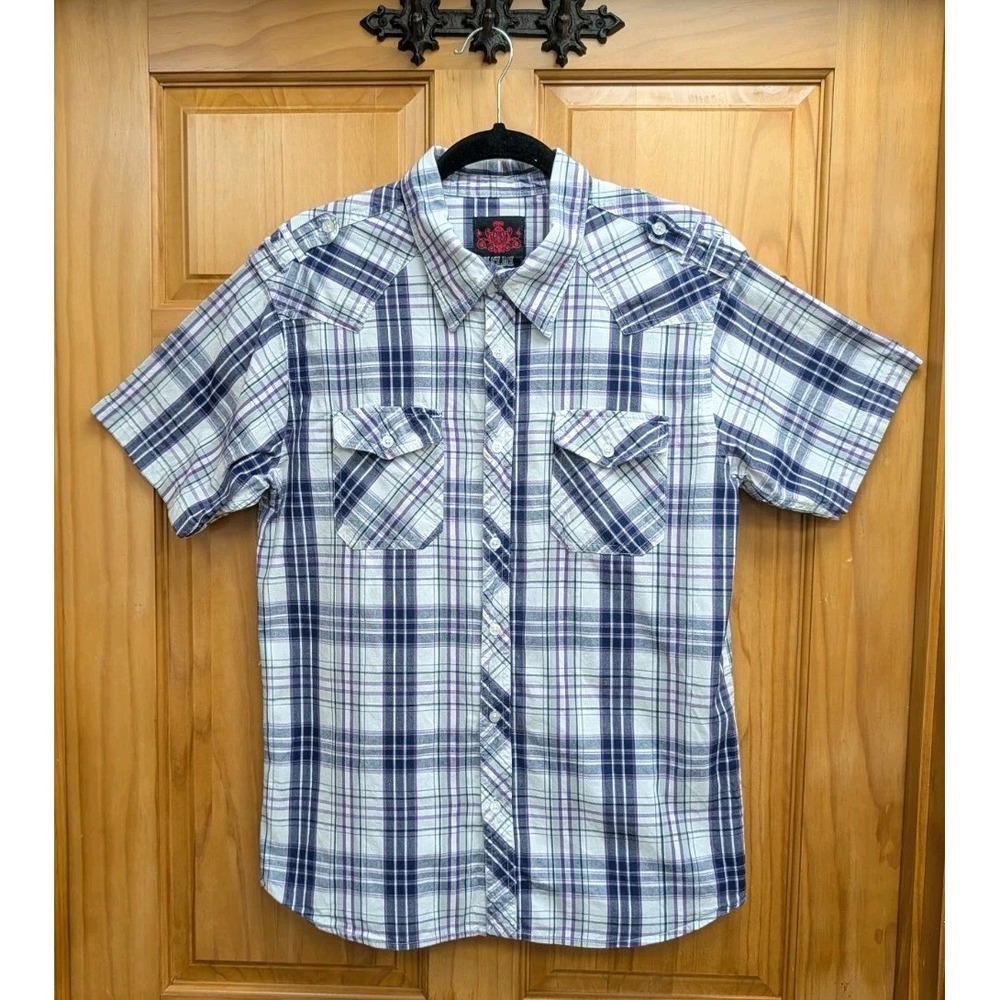 Black Jack Men Large Shirt Button-Down Front Plaid Short Sleeves Front Pockets